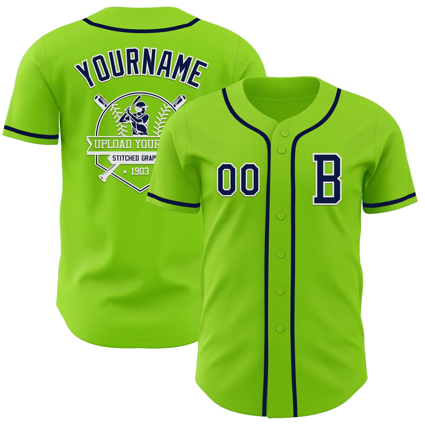 Custom Neon Green Navy-White Authentic Baseball Jersey view 5