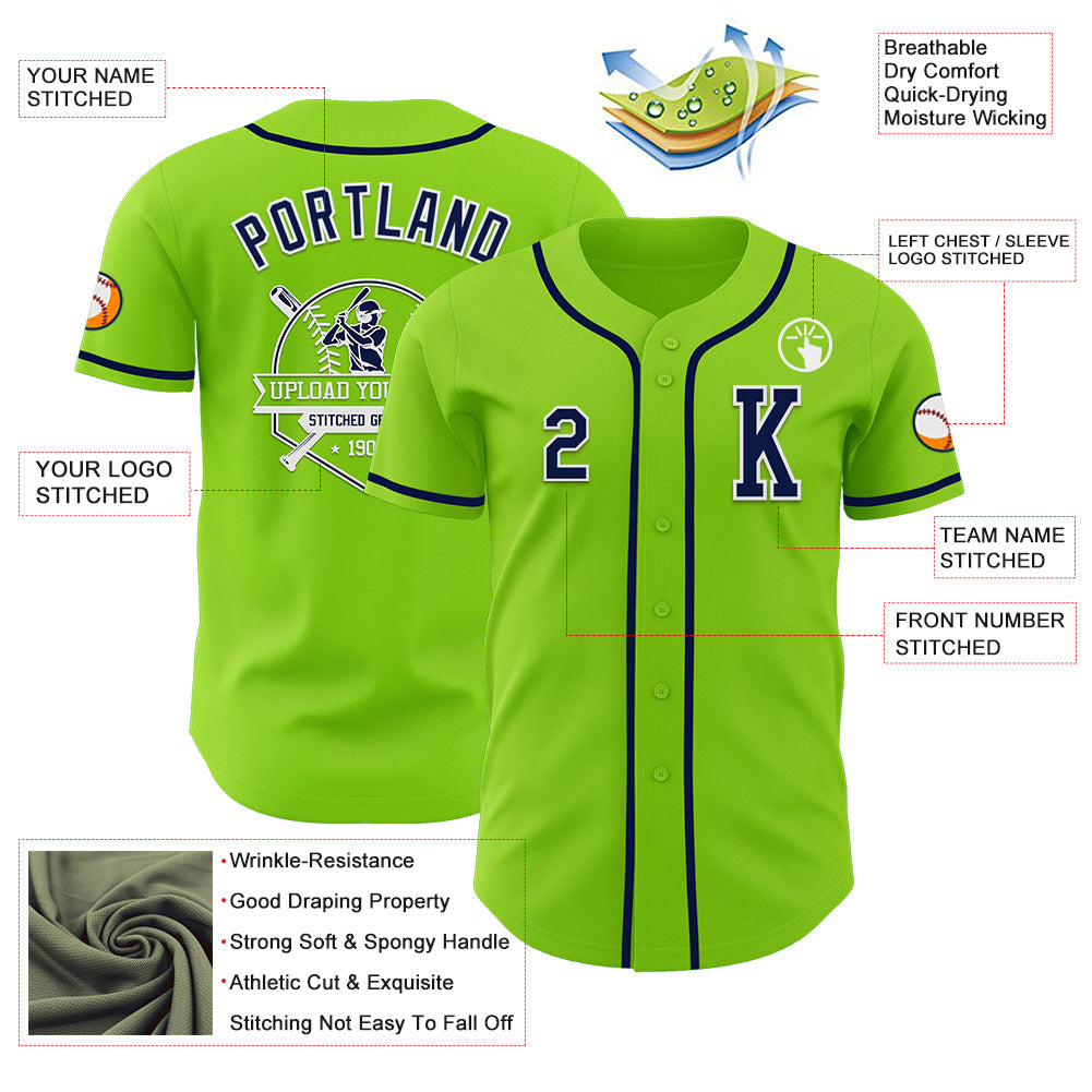 Custom Neon Green Navy-White Authentic Baseball Jersey view 6