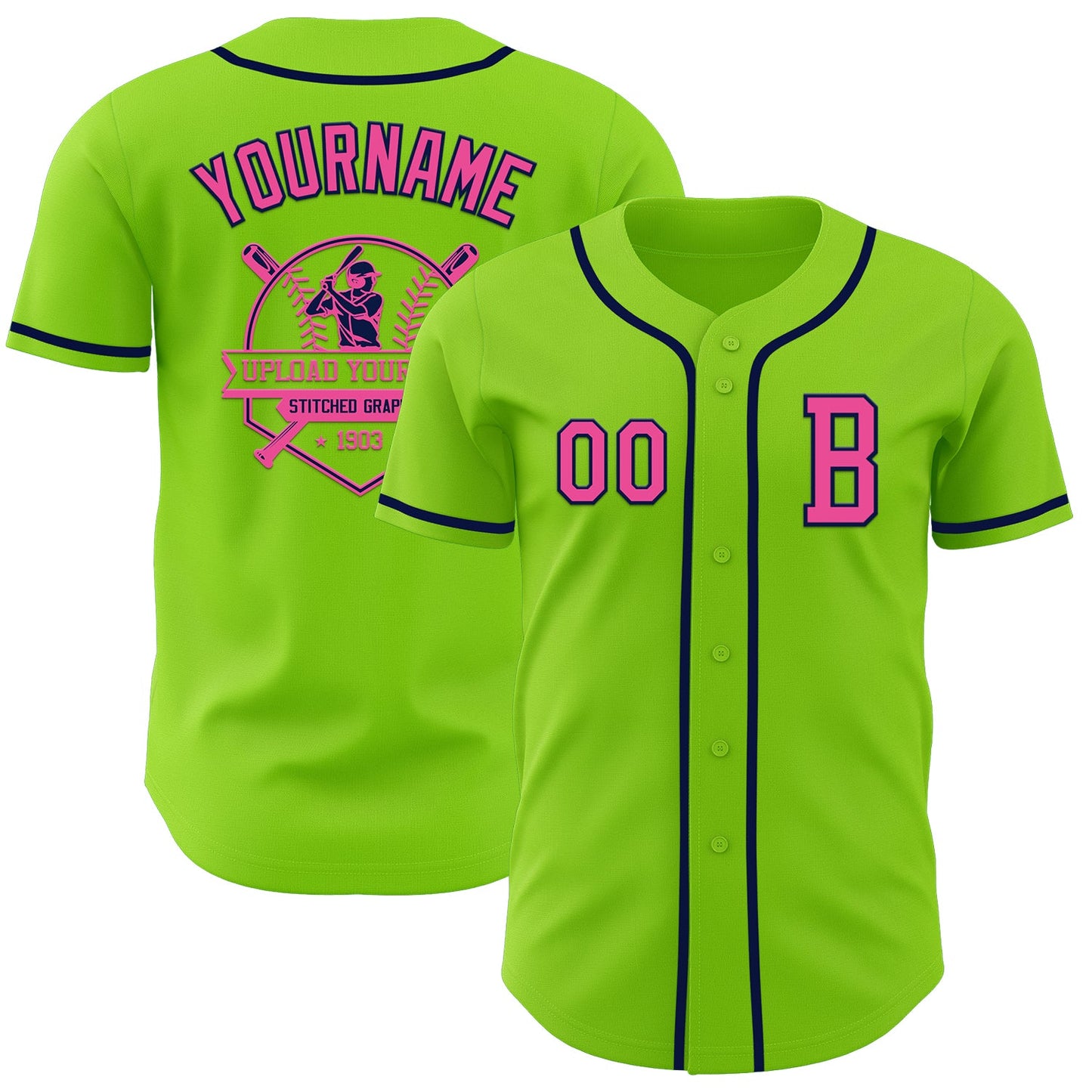 Custom Neon Green Pink-Navy Authentic Baseball Jersey view 5