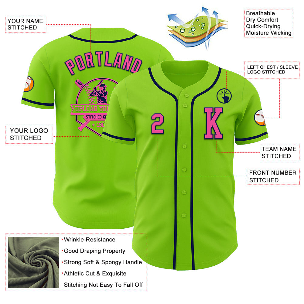 Custom Neon Green Pink-Navy Authentic Baseball Jersey view 6