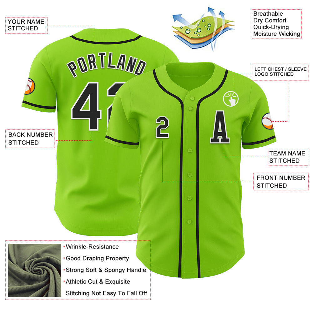Custom Neon Green Black-White Authentic Baseball Jersey view 2