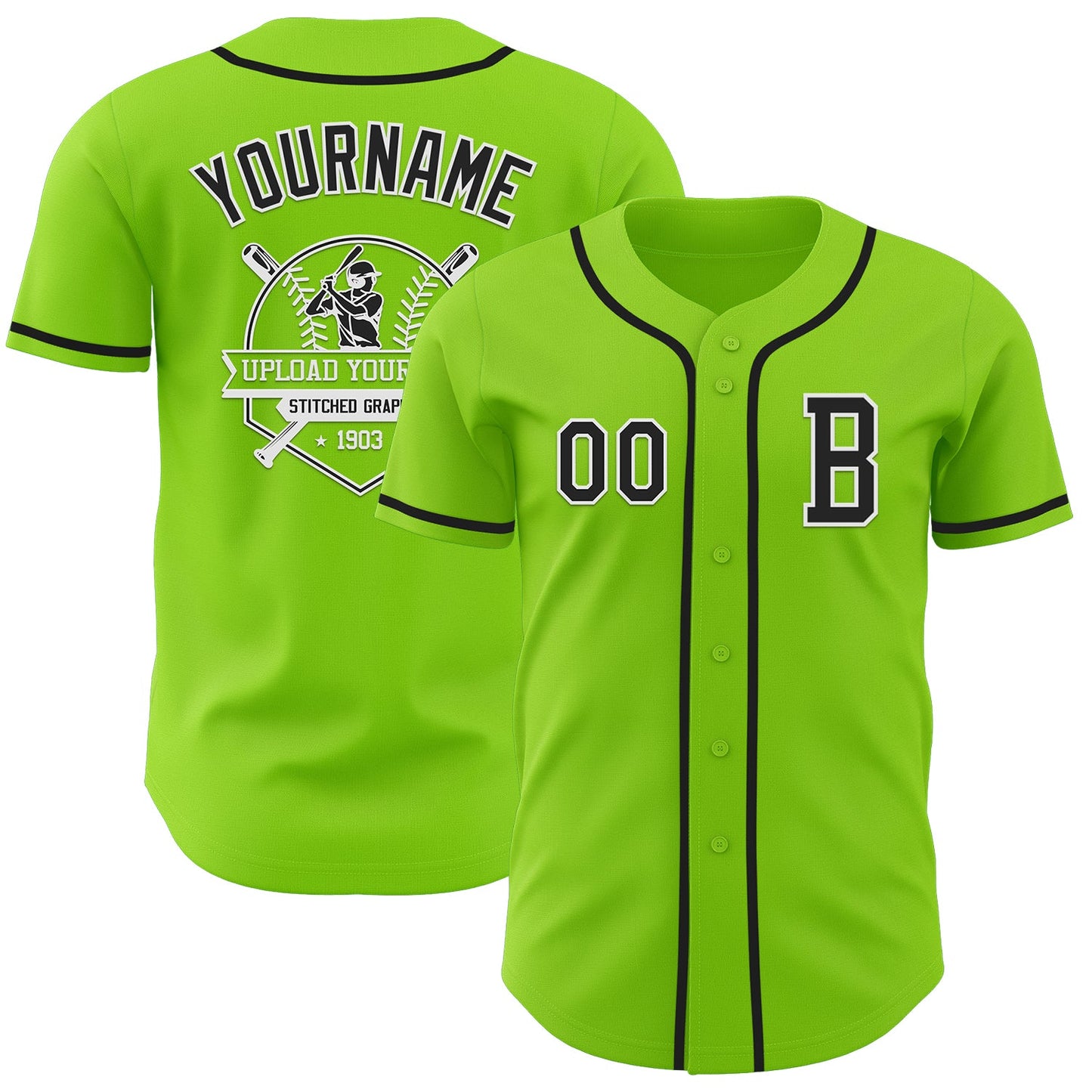 Custom Neon Green Black-White Authentic Baseball Jersey view 5