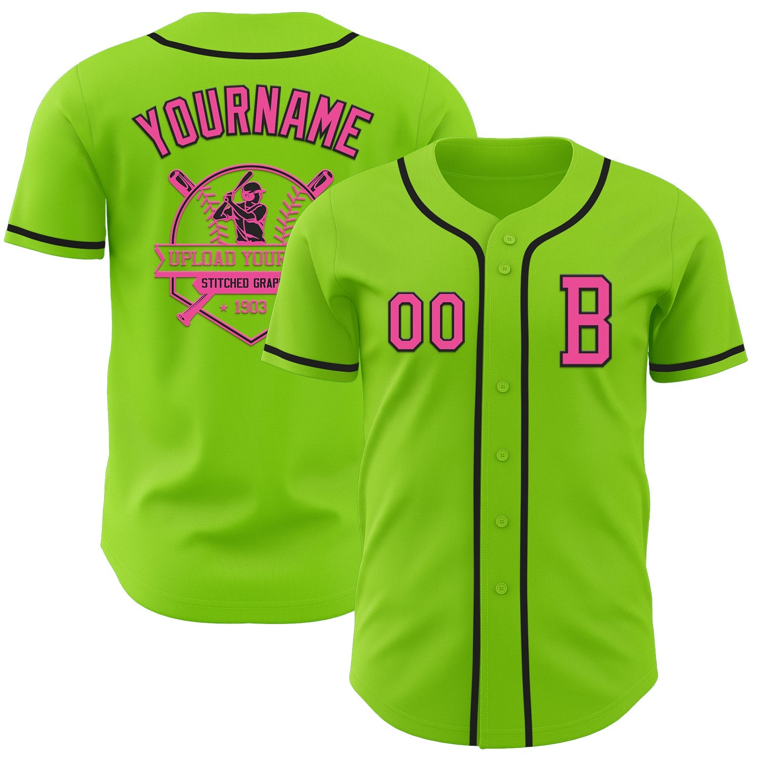 Custom Neon Green Pink-Black Authentic Baseball Jersey view 5