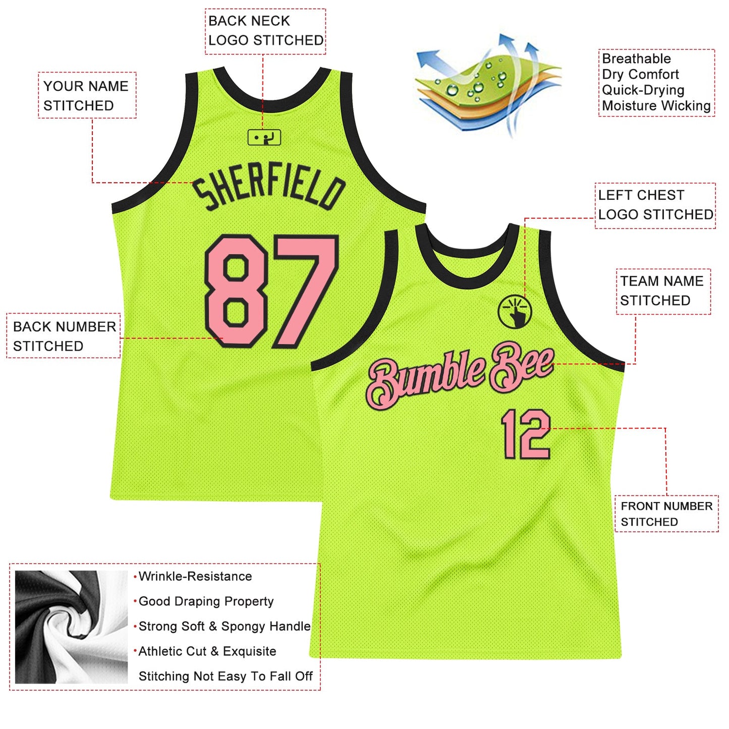 Custom Neon Green Medium Pink-Black Authentic Throwback Basketball Jersey view 2