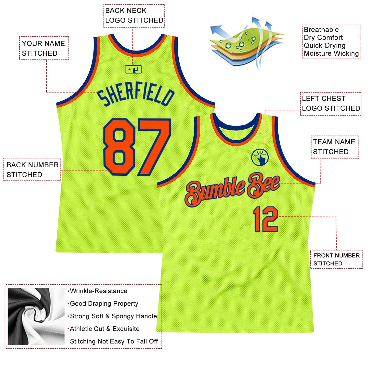 Custom Neon Green Orange-Royal Authentic Throwback Basketball Jersey view 2