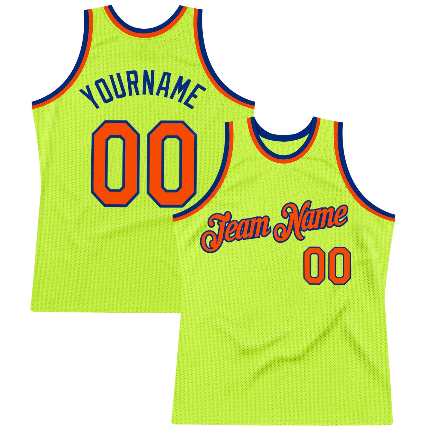 Custom Neon Green Orange-Royal Authentic Throwback Basketball Jersey - Main View
