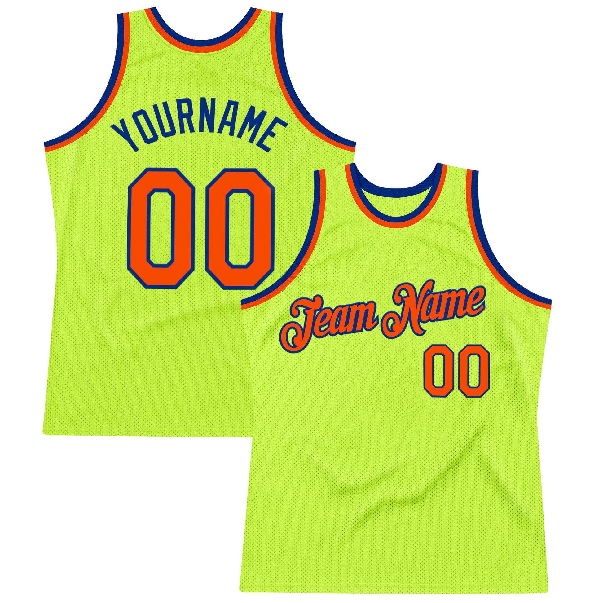 Custom Neon Green Orange-Royal Authentic Throwback Basketball Jersey - Main View