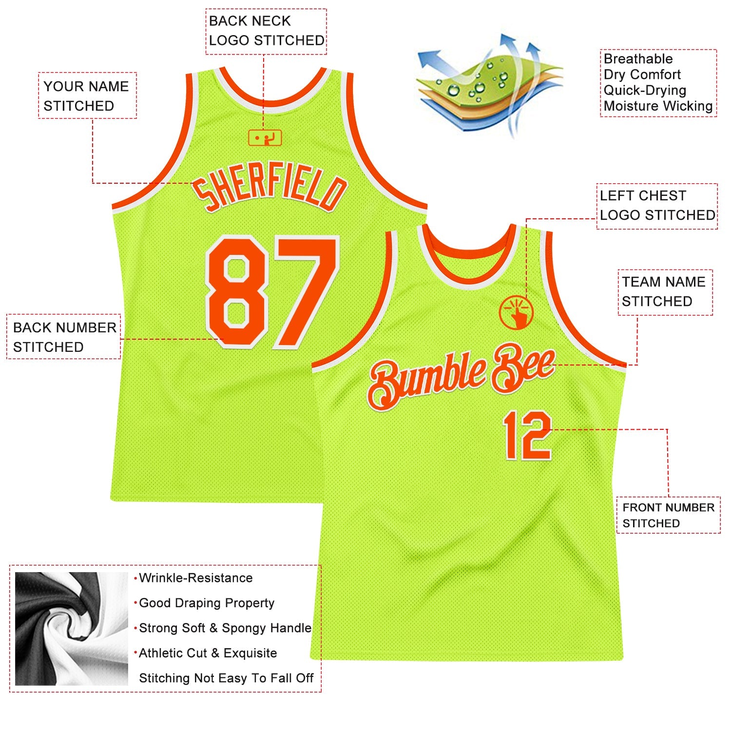 Custom Neon Green Orange-White Authentic Throwback Basketball Jersey view 2