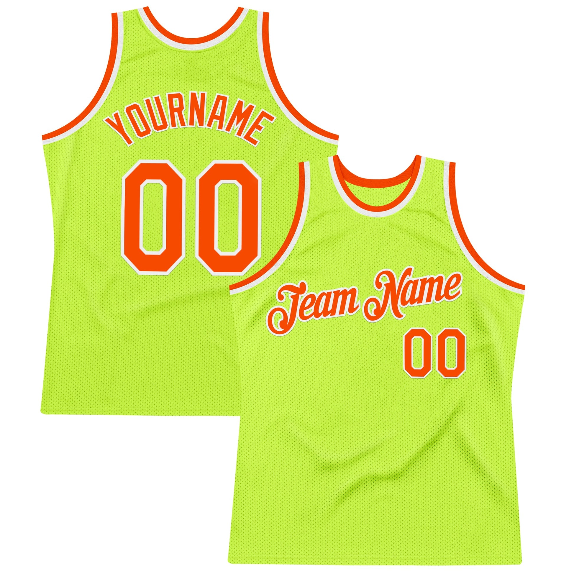 Custom Neon Green Orange-White Authentic Throwback Basketball Jersey - Main View
