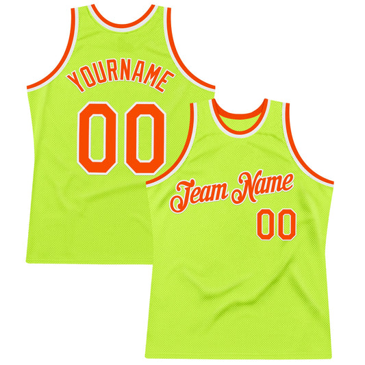 Custom Neon Green Orange-White Authentic Throwback Basketball Jersey - Main View