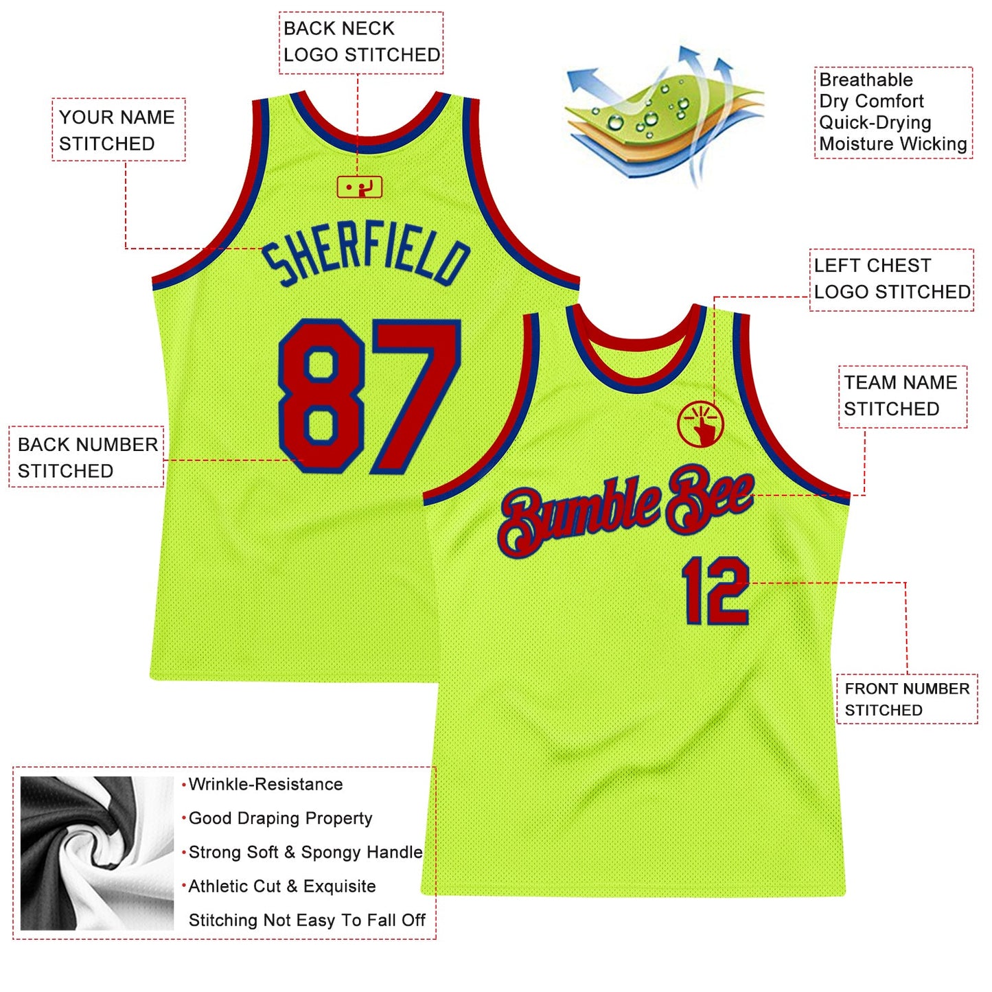 Custom Neon Green Red-Royal Authentic Throwback Basketball Jersey view 2