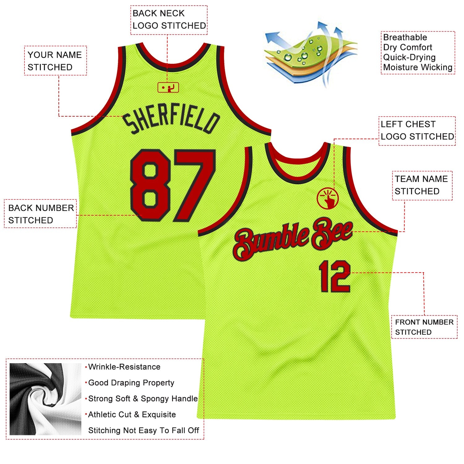 Custom Neon Green Red-Black Authentic Throwback Basketball Jersey view 2