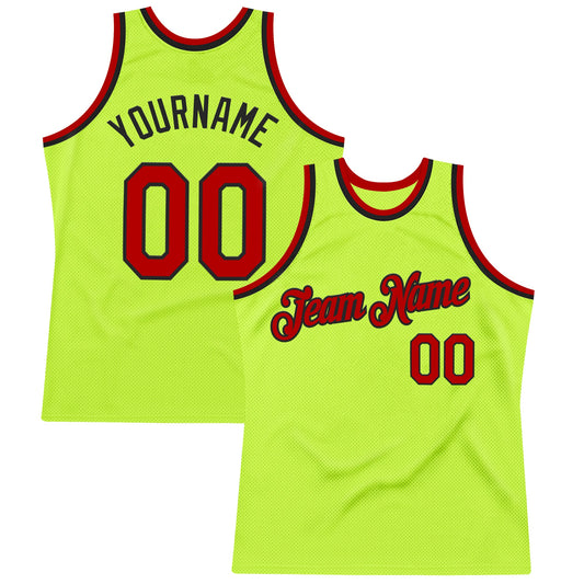 Custom Neon Green Red-Black Authentic Throwback Basketball Jersey - Main View