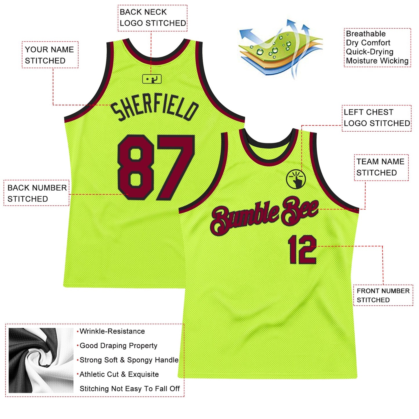 Custom Neon Green Maroon-Black Authentic Throwback Basketball Jersey view 2