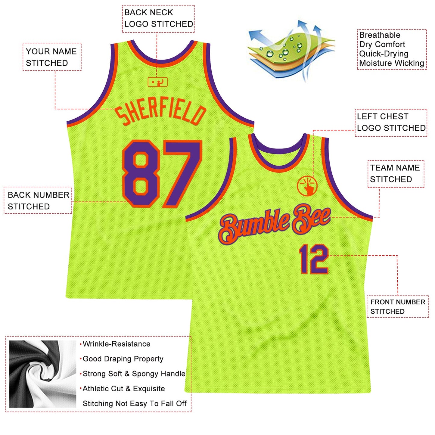 Custom Neon Green Purple-Orange Authentic Throwback Basketball Jersey view 2