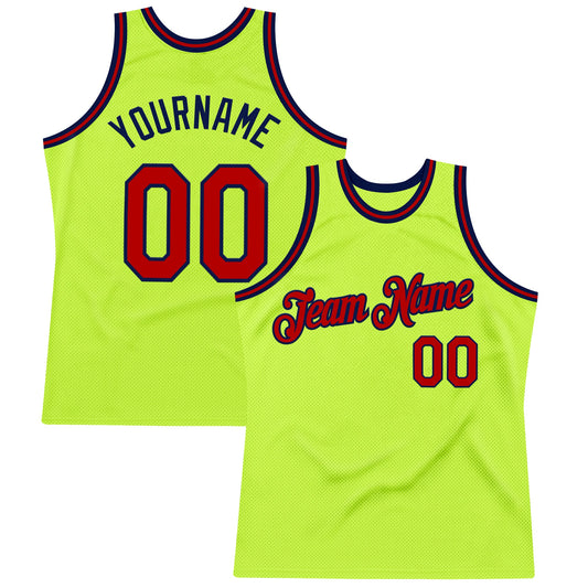 Custom Neon Green Red-Navy Authentic Throwback Basketball Jersey - Main View