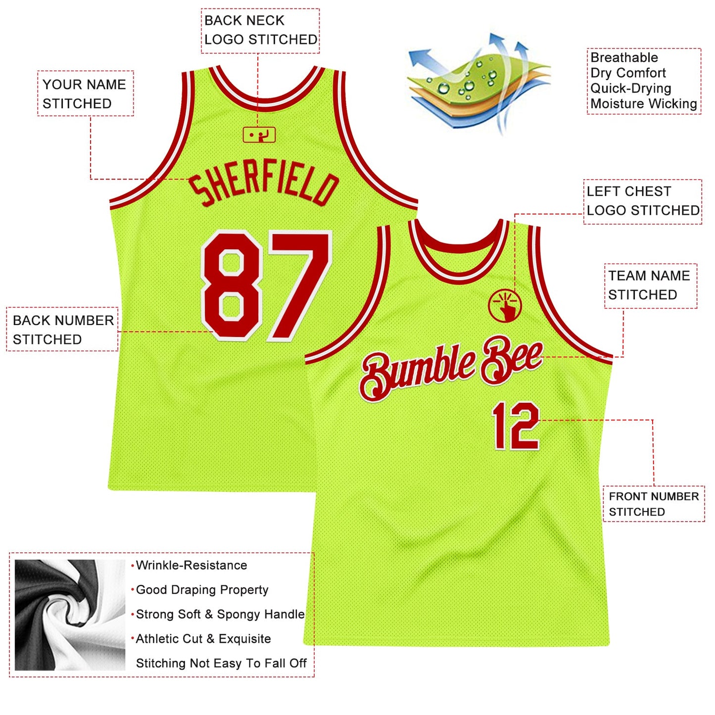 Custom Neon Green Red-White Authentic Throwback Basketball Jersey view 2