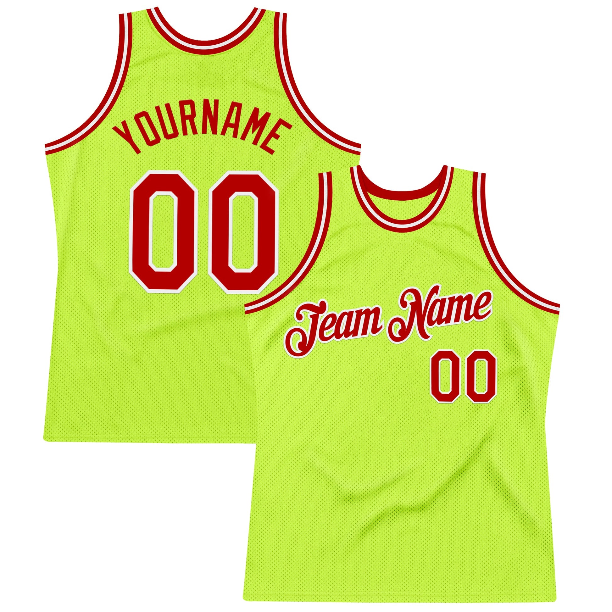 Custom Neon Green Red-White Authentic Throwback Basketball Jersey - Main View
