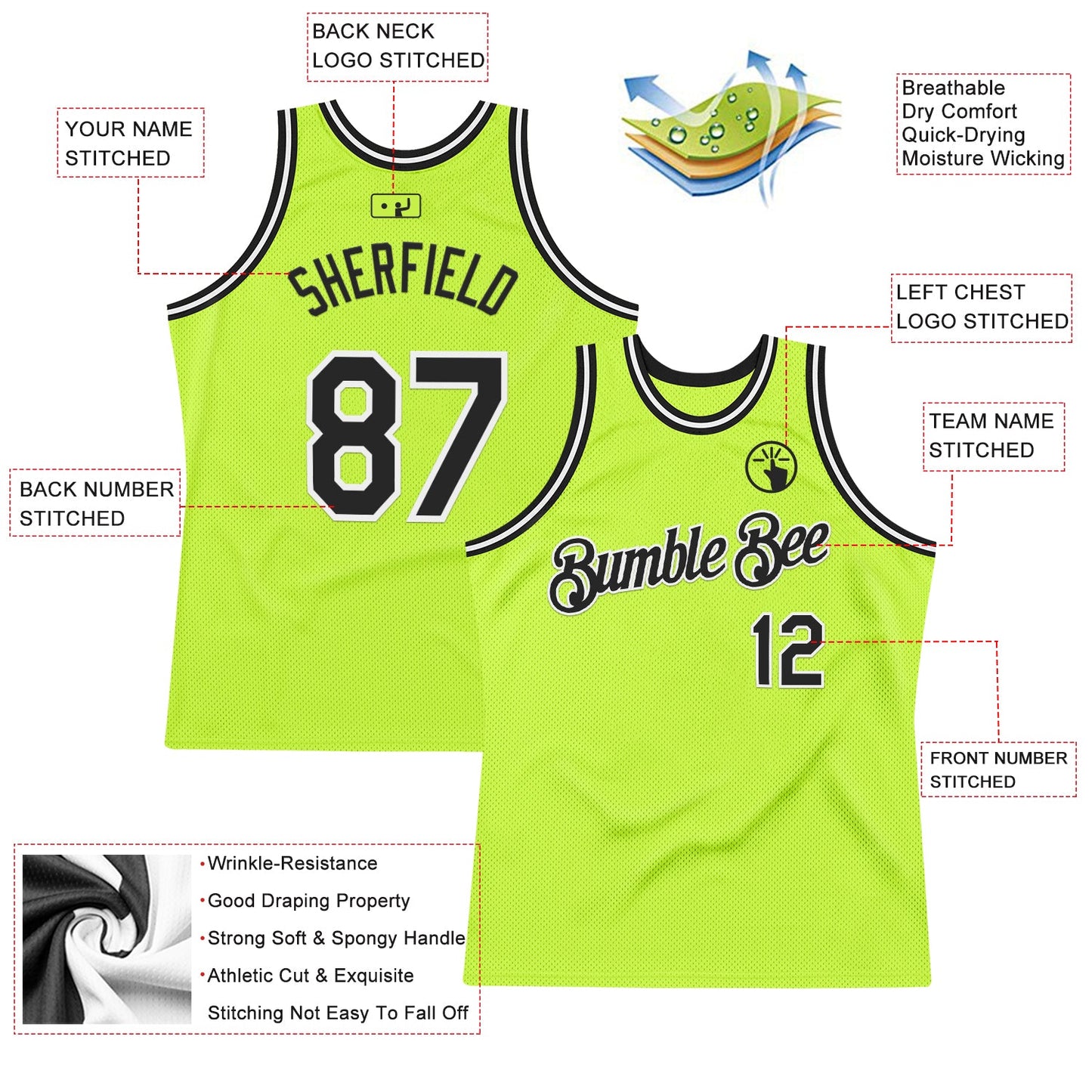 Custom Neon Green Black-White Authentic Throwback Basketball Jersey view 2