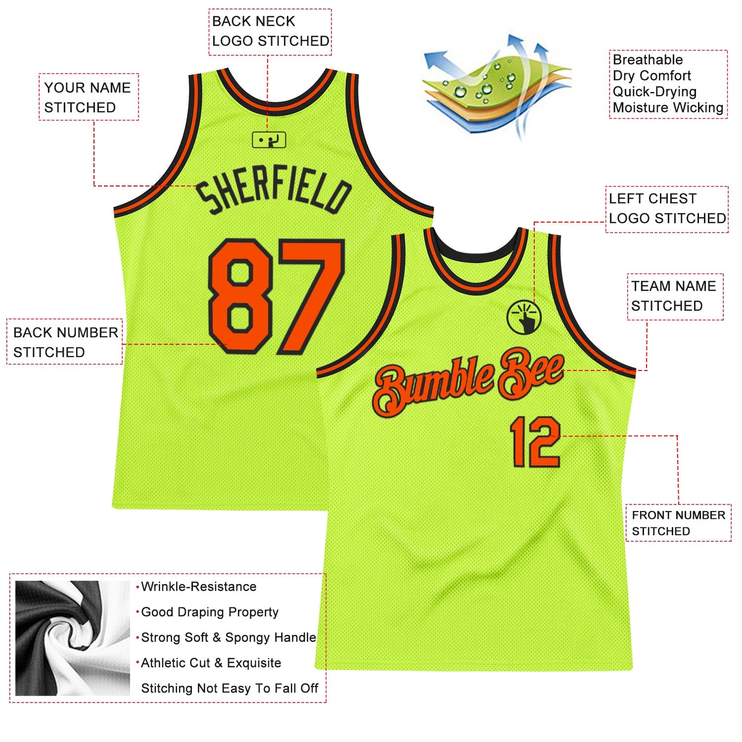 Custom Neon Green Orange-Black Authentic Throwback Basketball Jersey view 2