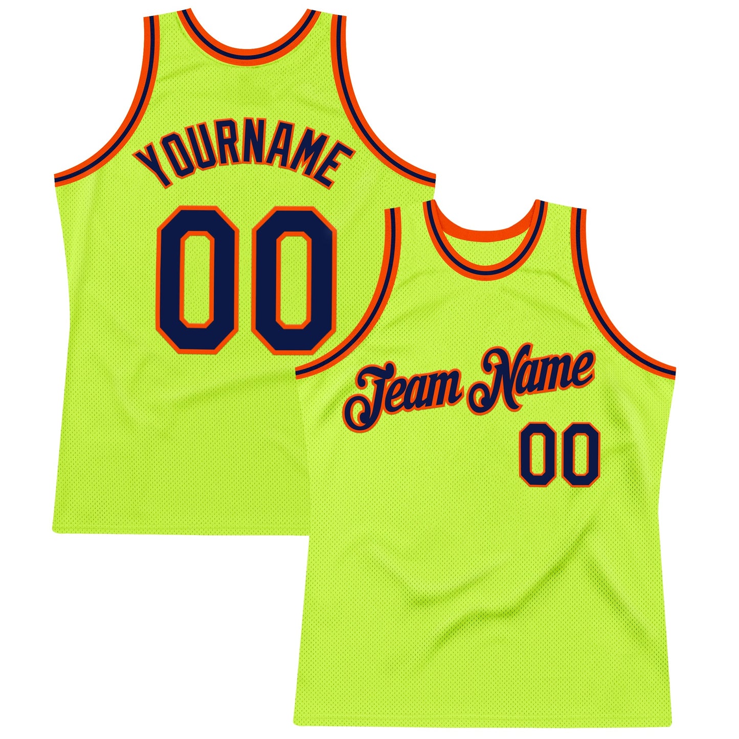 Custom Neon Green Navy-Orange Authentic Throwback Basketball Jersey - Main View