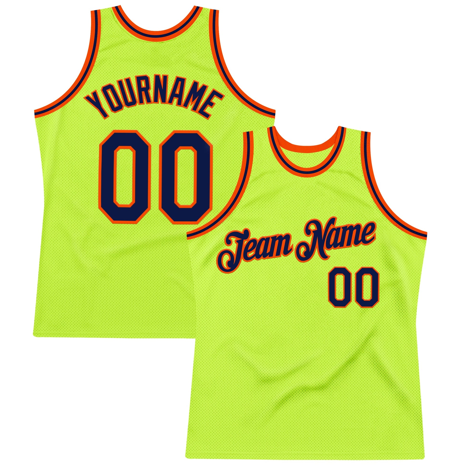 Custom Neon Green Navy-Orange Authentic Throwback Basketball Jersey - Main View