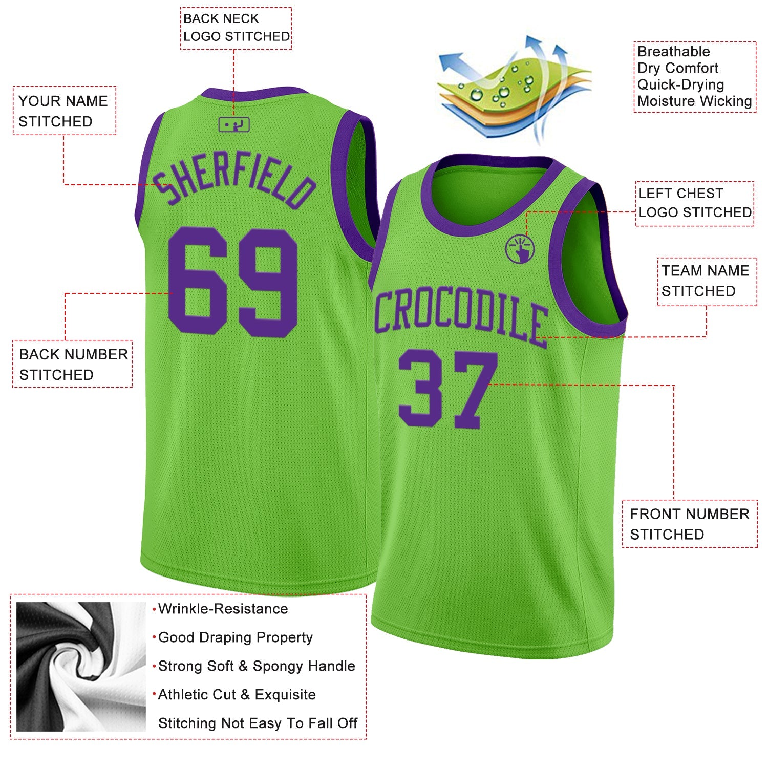 Custom Neon Green Purple Authentic Basketball Jersey view 2