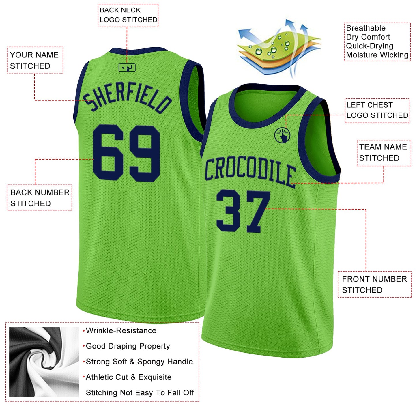 Custom Neon Green Navy Authentic Basketball Jersey view 2