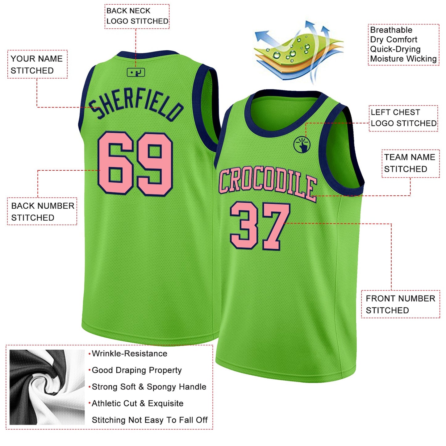 Custom Neon Green Medium Pink-Navy Authentic Basketball Jersey view 2