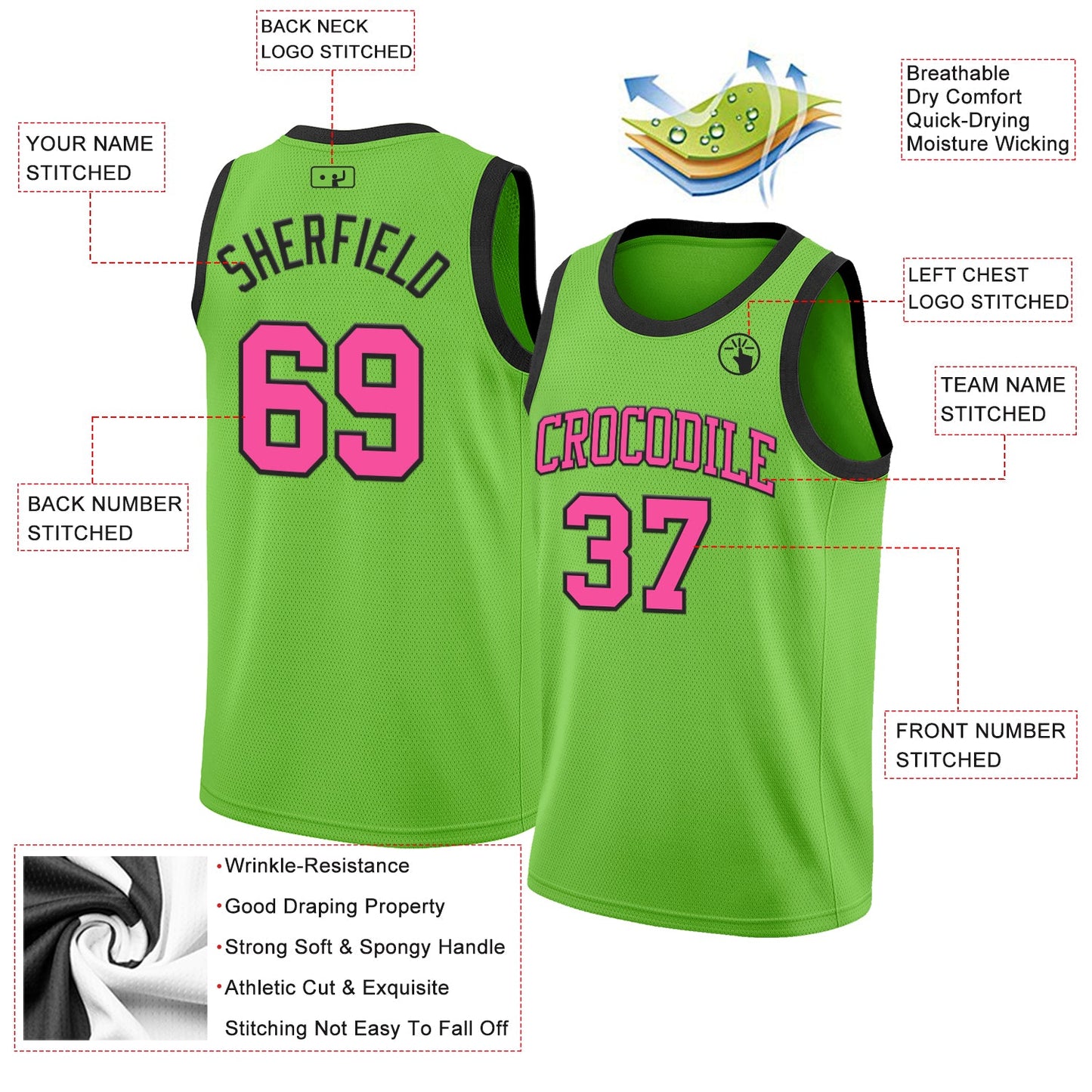 Custom Neon Green Pink-Black Authentic Basketball Jersey view 2