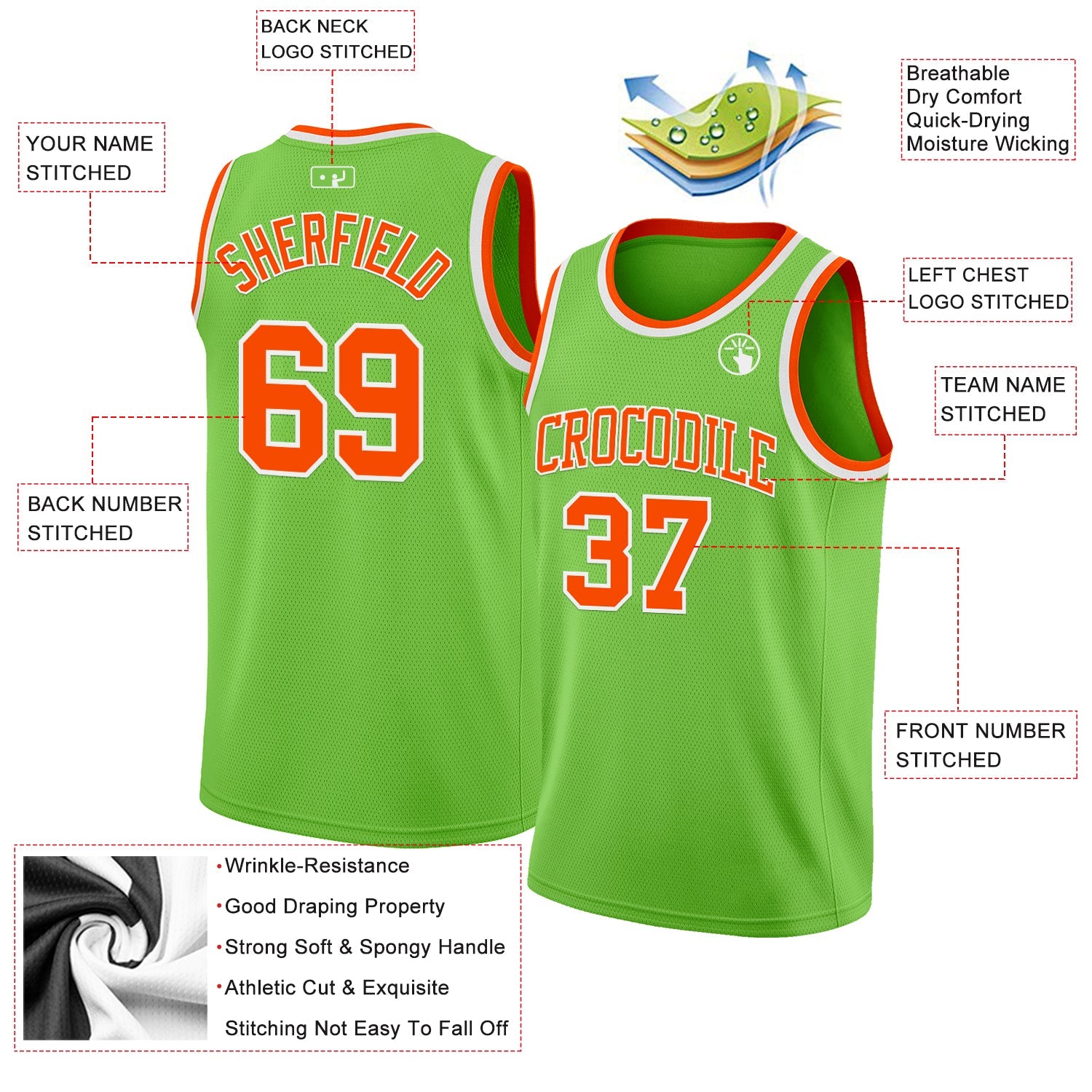 Custom Neon Green Orange-White Authentic Basketball Jersey view 2