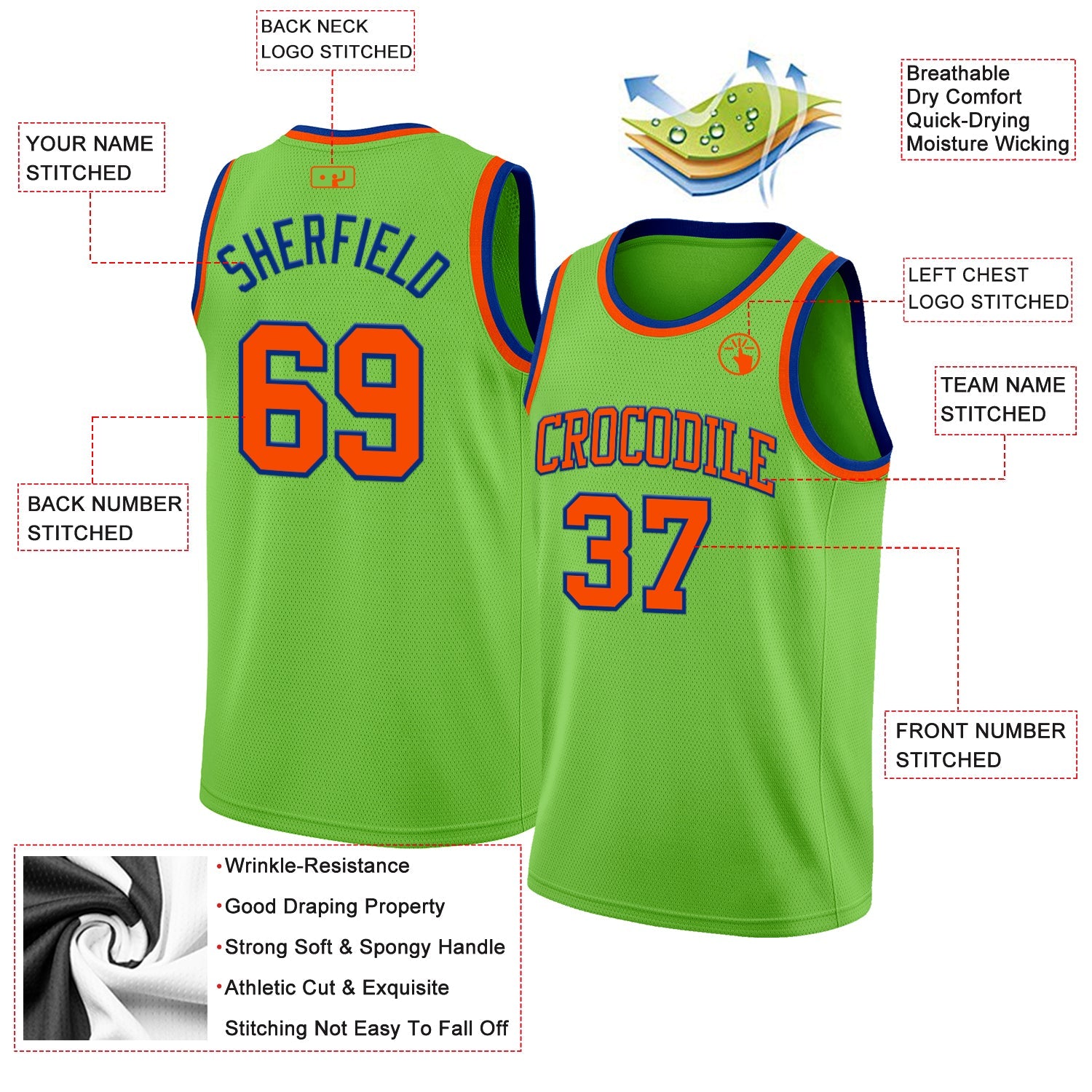 Custom Neon Green Orange-Royal Authentic Basketball Jersey view 2