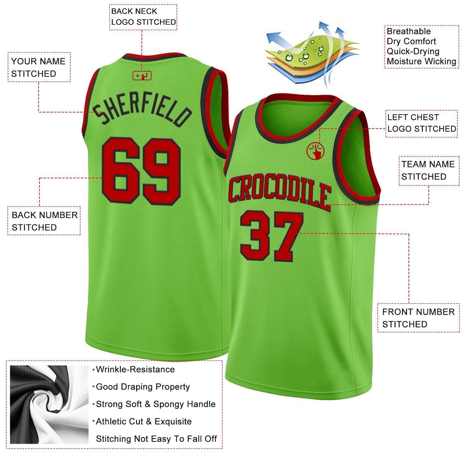 Custom Neon Green Red-Black Authentic Basketball Jersey view 2