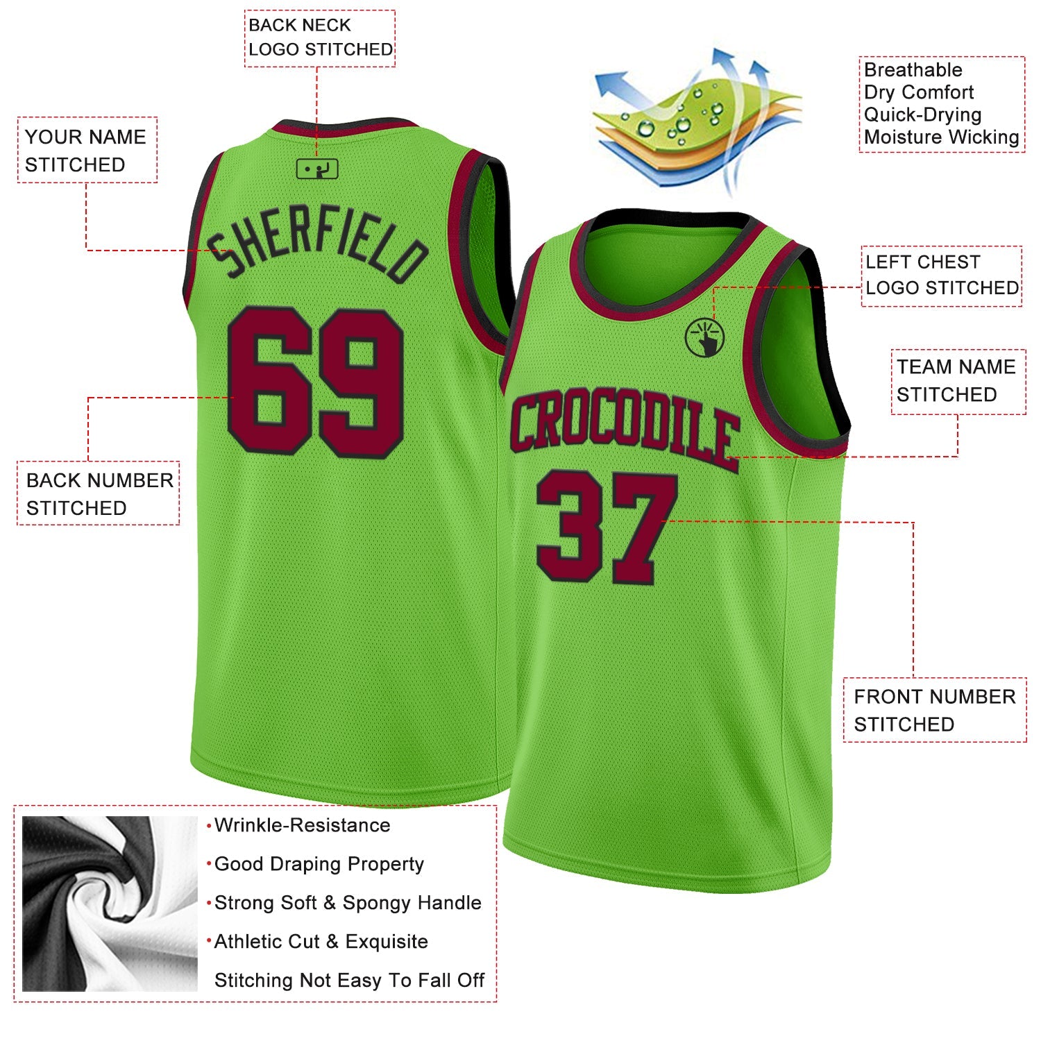 Custom Neon Green Maroon-Black Authentic Basketball Jersey view 2