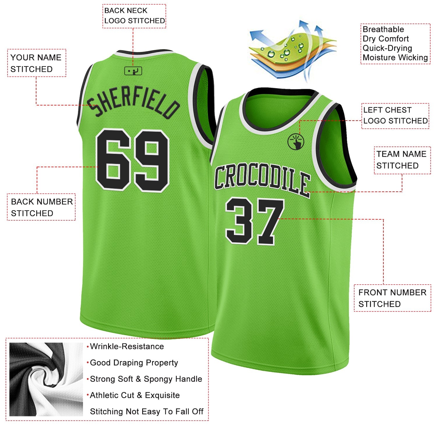 Custom Neon Green Black-White Authentic Basketball Jersey view 2