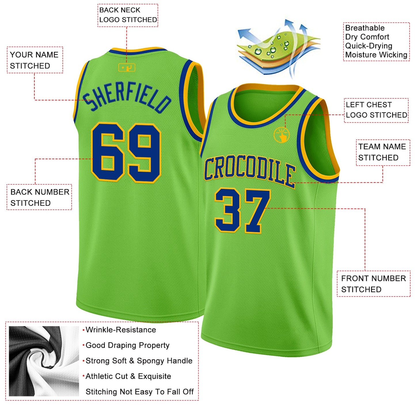 Custom Neon Green Royal-Gold Authentic Basketball Jersey view 2