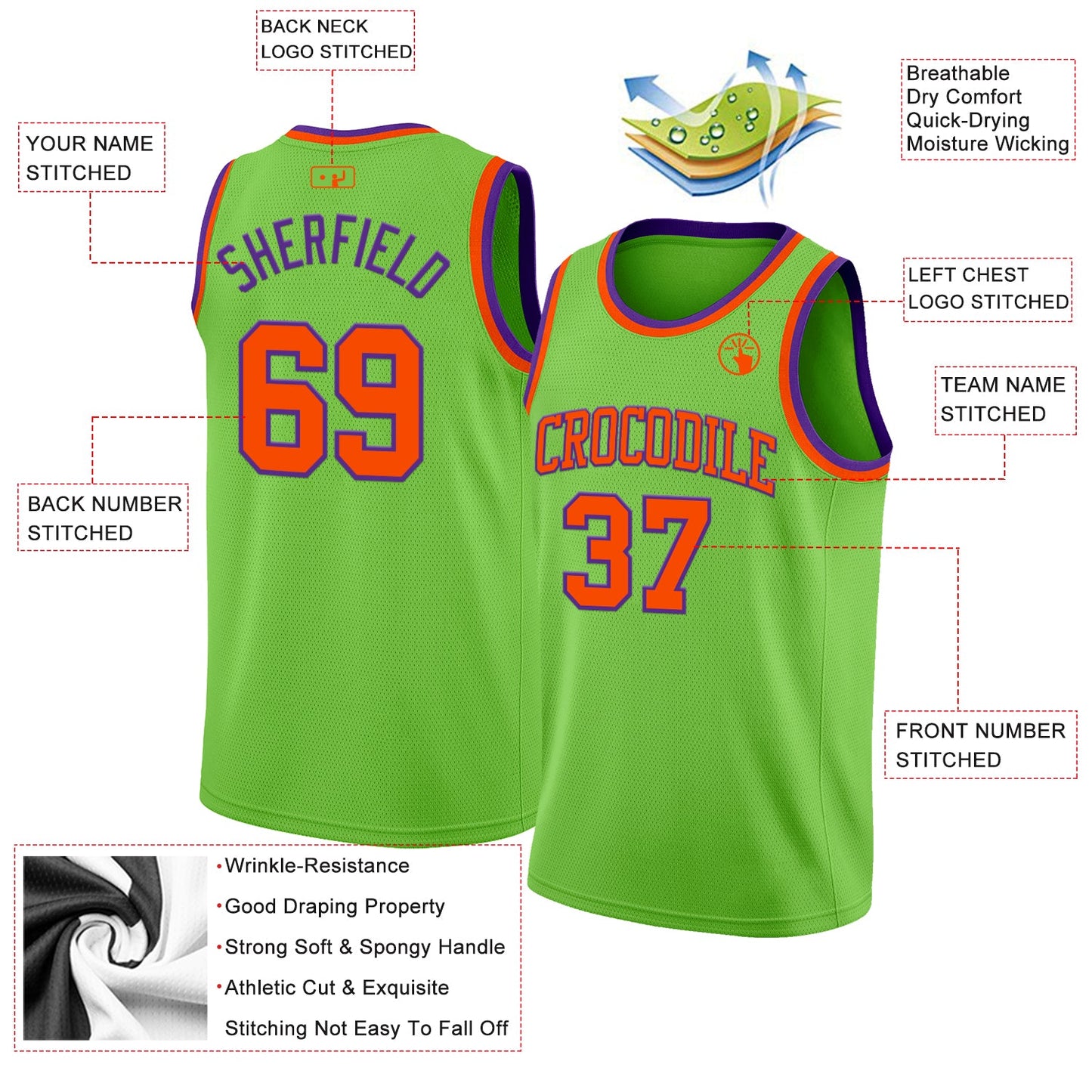 Custom Neon Green Orange-Purple Authentic Basketball Jersey view 2