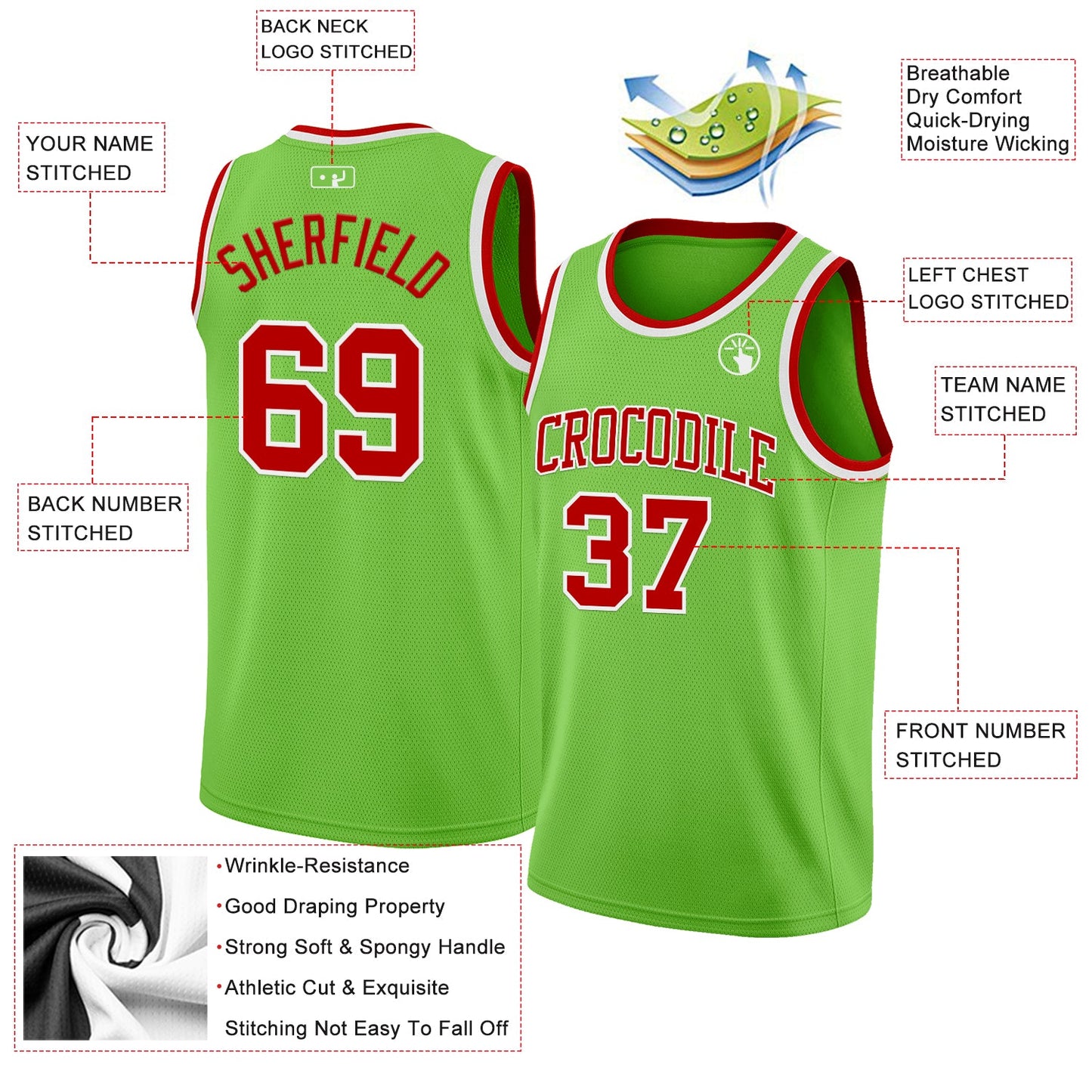 Custom Neon Green Red-White Authentic Basketball Jersey view 2