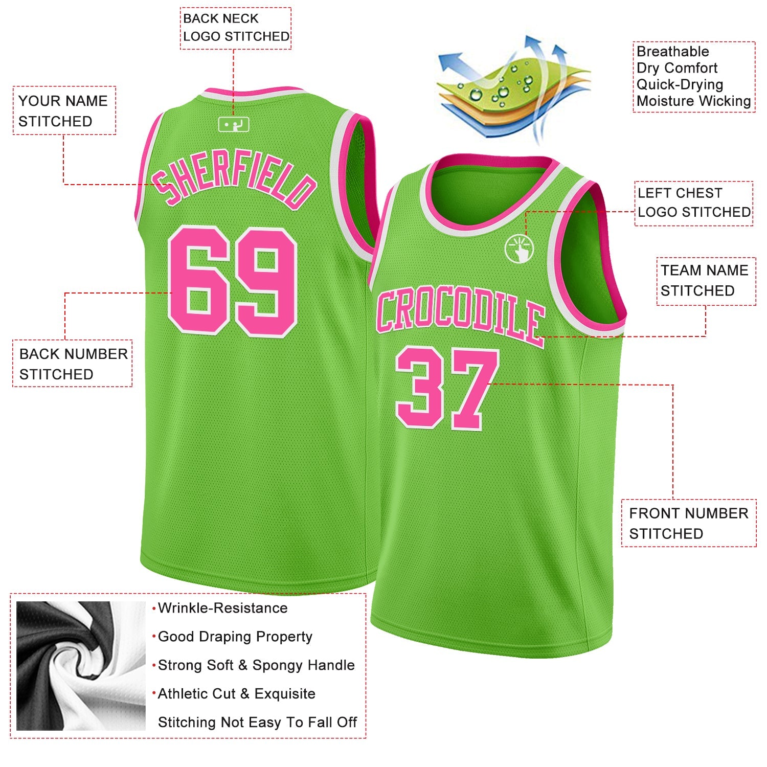 Custom Neon Green Pink-White Authentic Basketball Jersey view 2