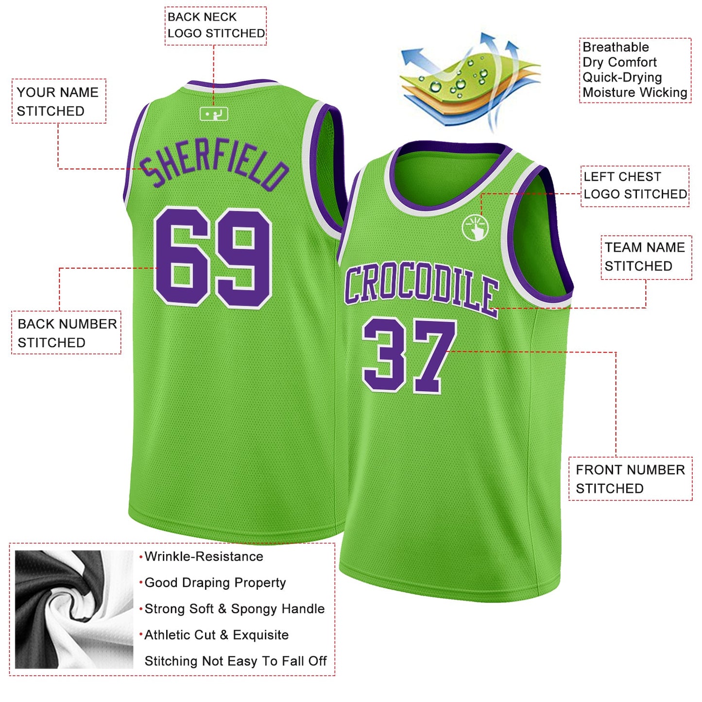 Custom Neon Green Purple-White Authentic Basketball Jersey view 2