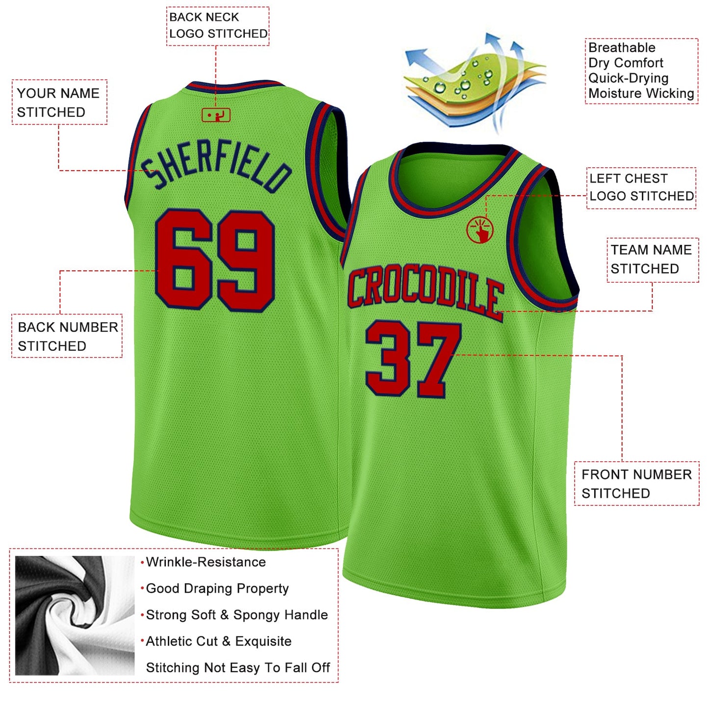 Custom Neon Green Red-Navy Authentic Basketball Jersey view 2