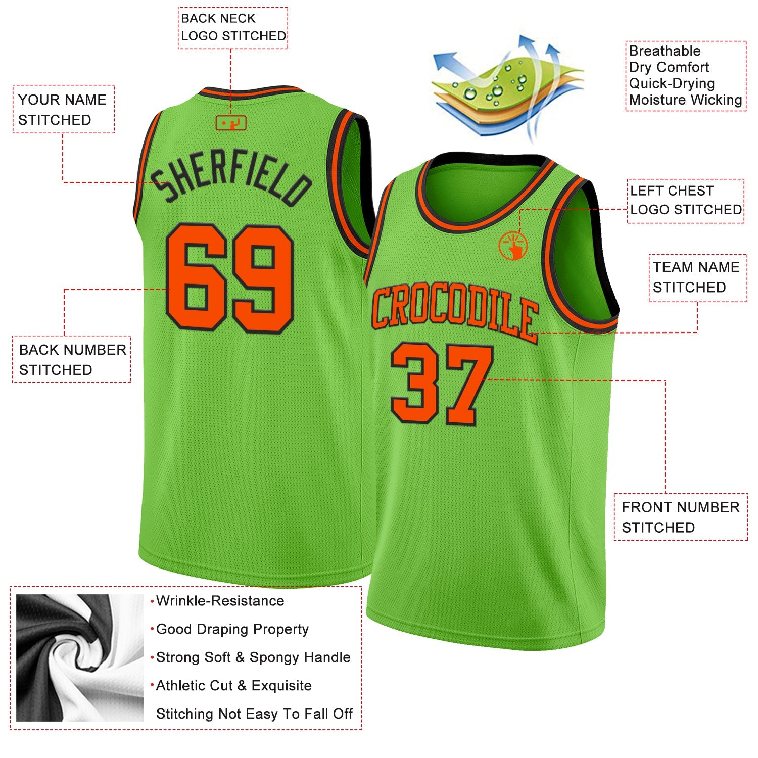 Custom Neon Green Orange-Black Authentic Basketball Jersey view 2