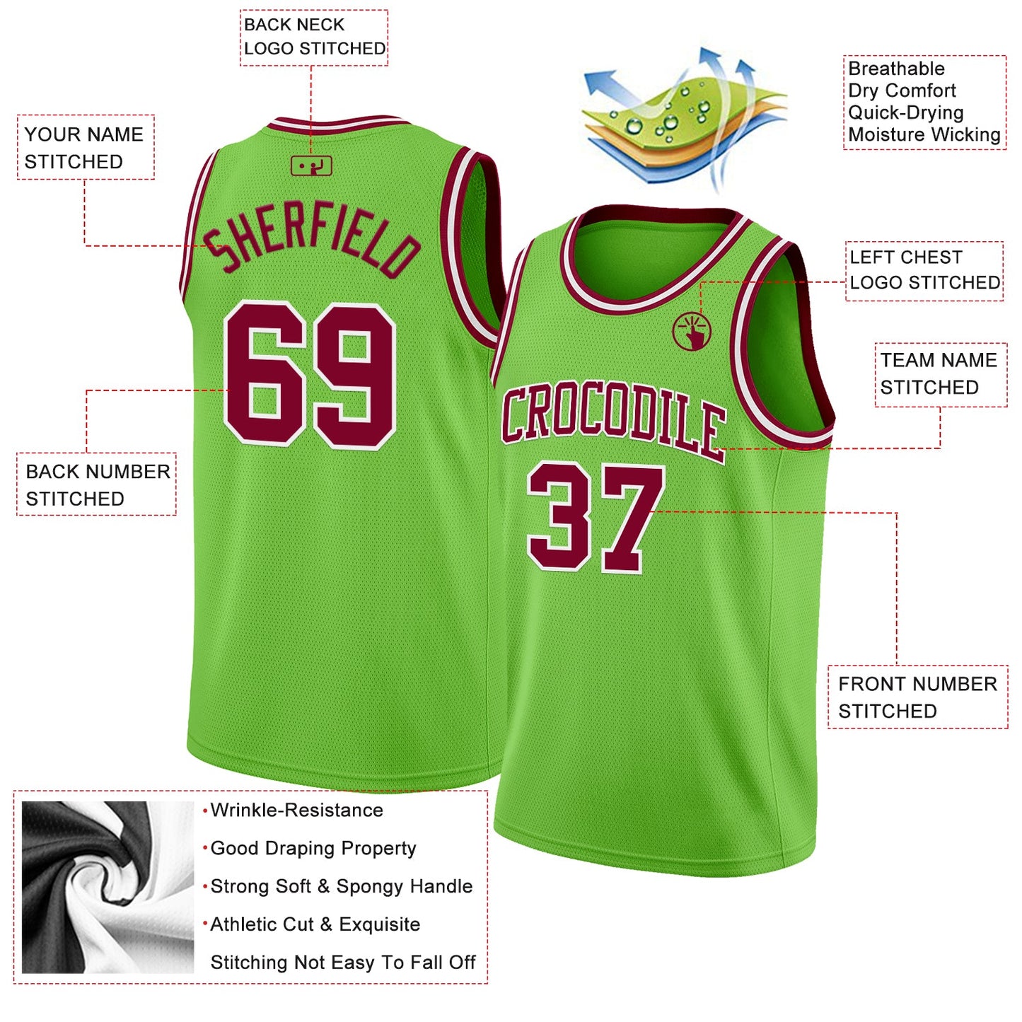 Custom Neon Green Maroon-White Authentic Basketball Jersey view 2