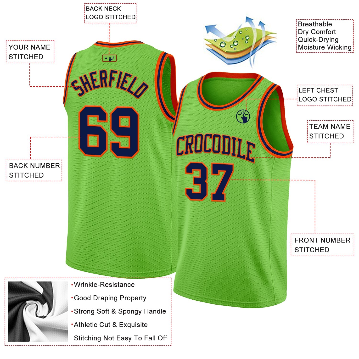 Custom Neon Green Navy-Orange Authentic Basketball Jersey view 2
