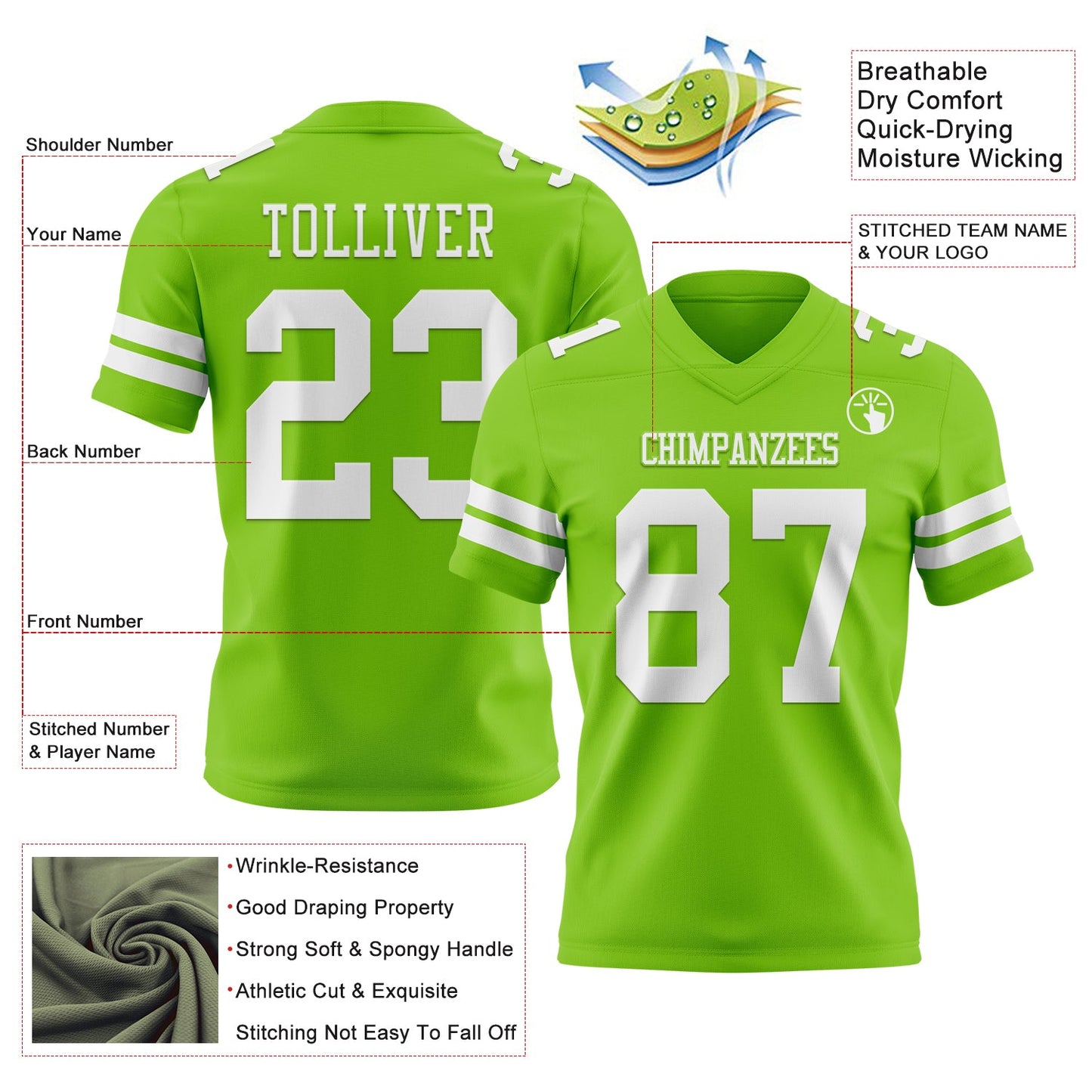 Custom Neon Green White Authentic Football Jersey view 3