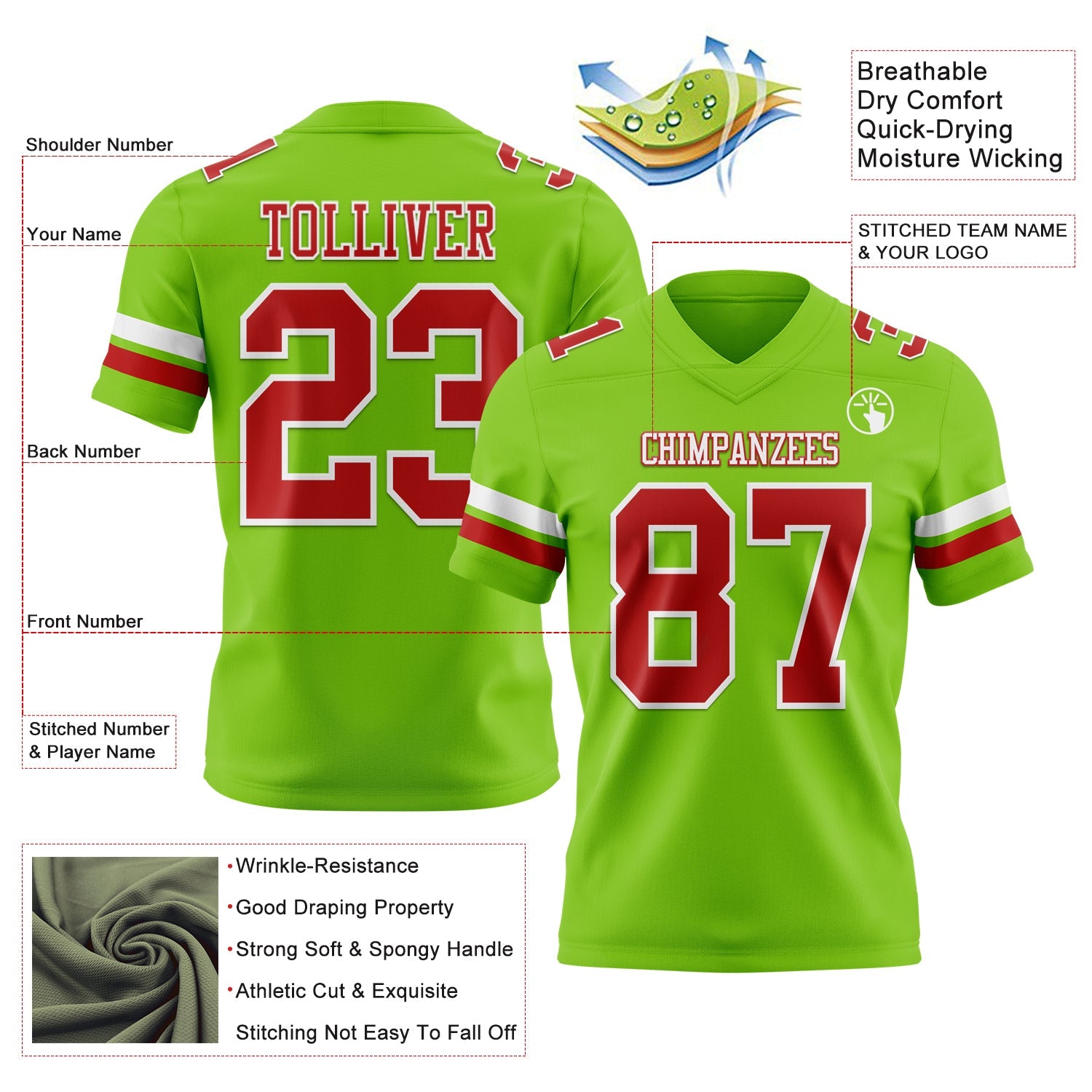 Custom Neon Green Red-White Authentic Football Jersey view 3