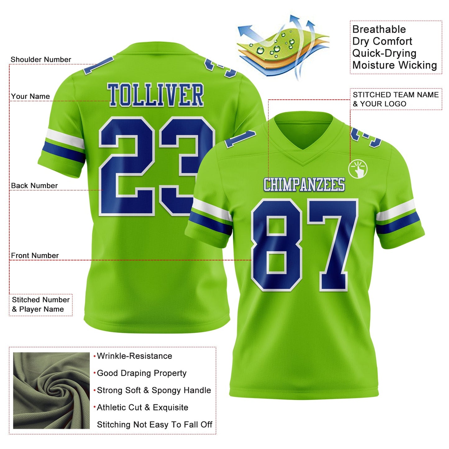Custom Neon Green Royal-White Authentic Football Jersey view 3