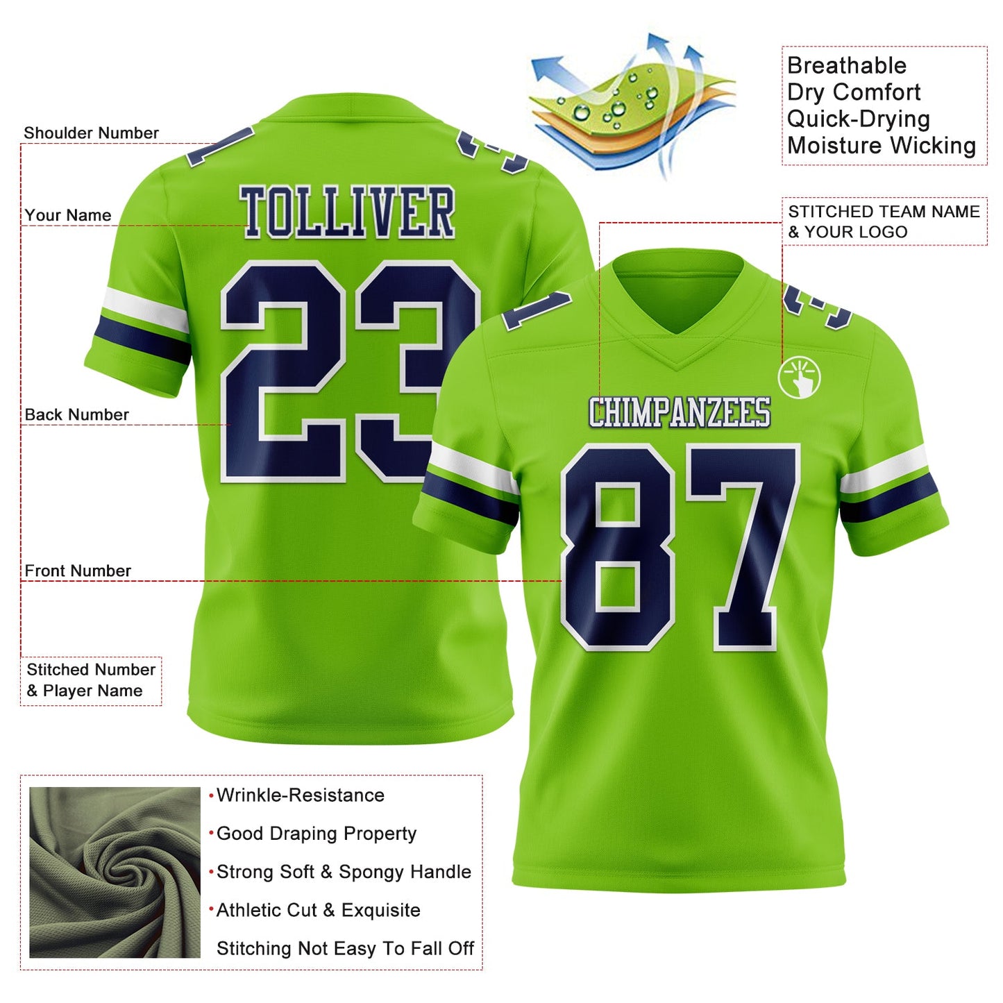Custom Neon Green Navy-White Authentic Football Jersey view 3