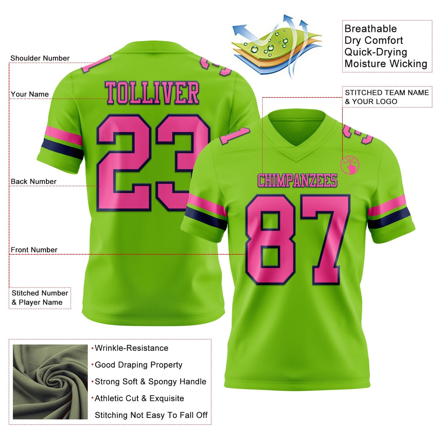 Custom Neon Green Pink-Navy Authentic Football Jersey view 3