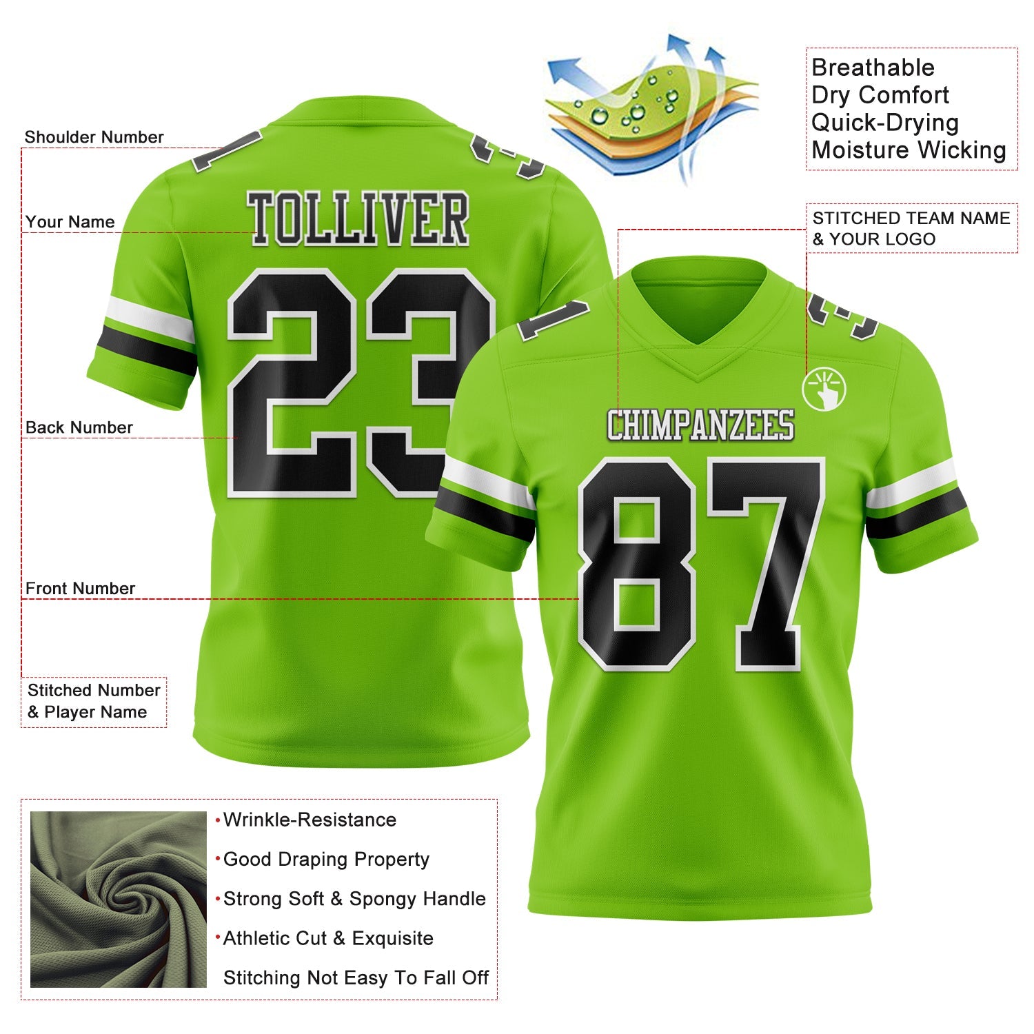 Custom Neon Green Black-White Authentic Football Jersey view 3